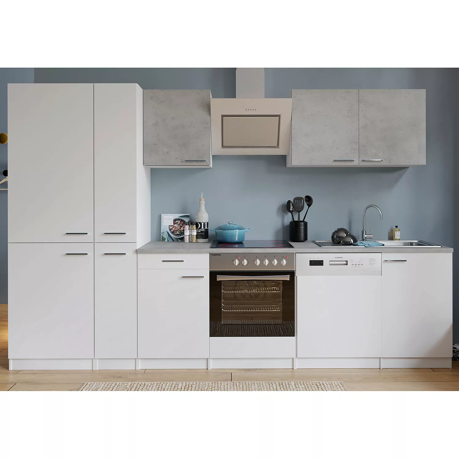 Respekta Economy Küchenzeile KB310WWBSC 310 cm Weiß-Beton Optik günstig online kaufen