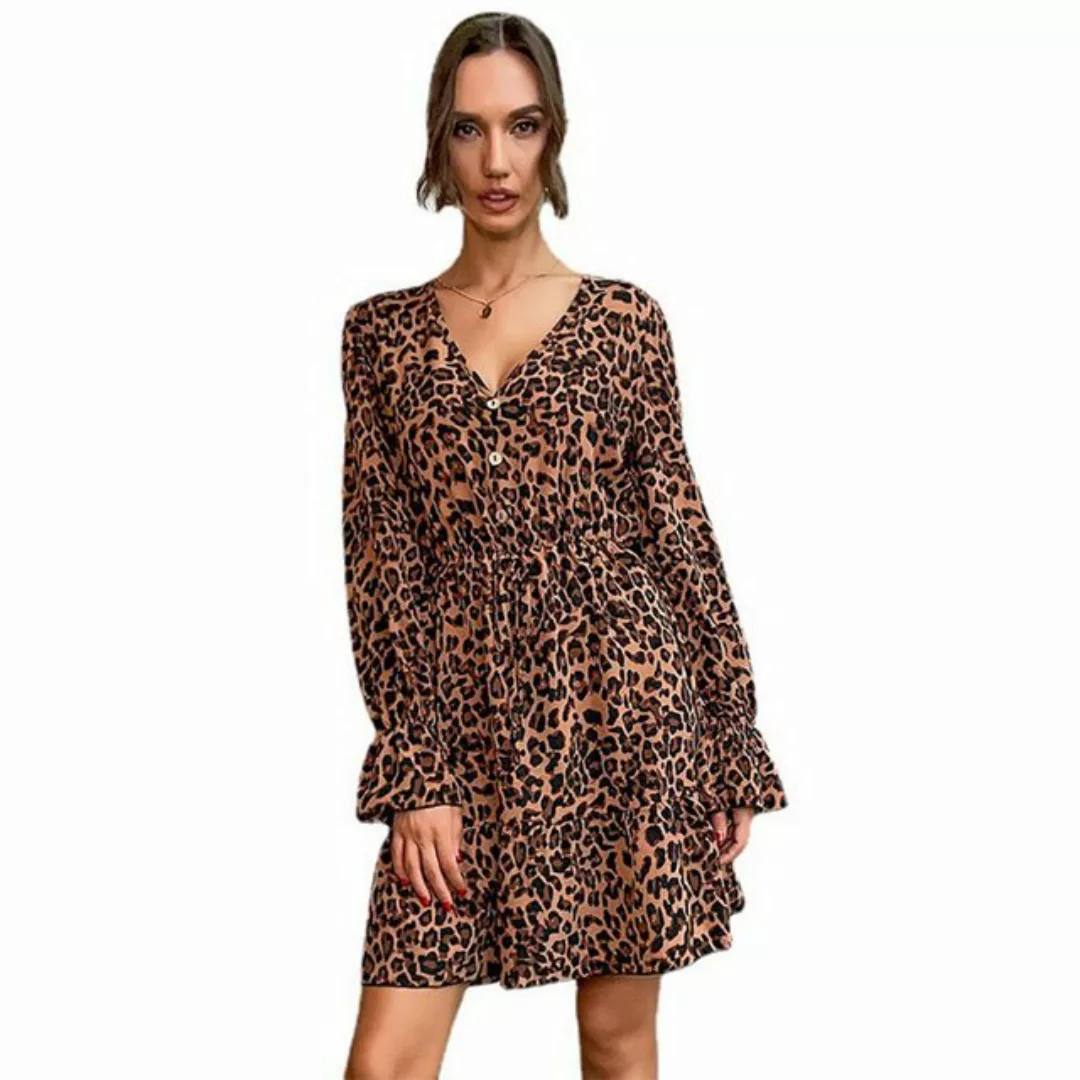 KIKI Midikleid Modisches langärmeliges Kleid mit V-Ausschnitt und Leoparden günstig online kaufen