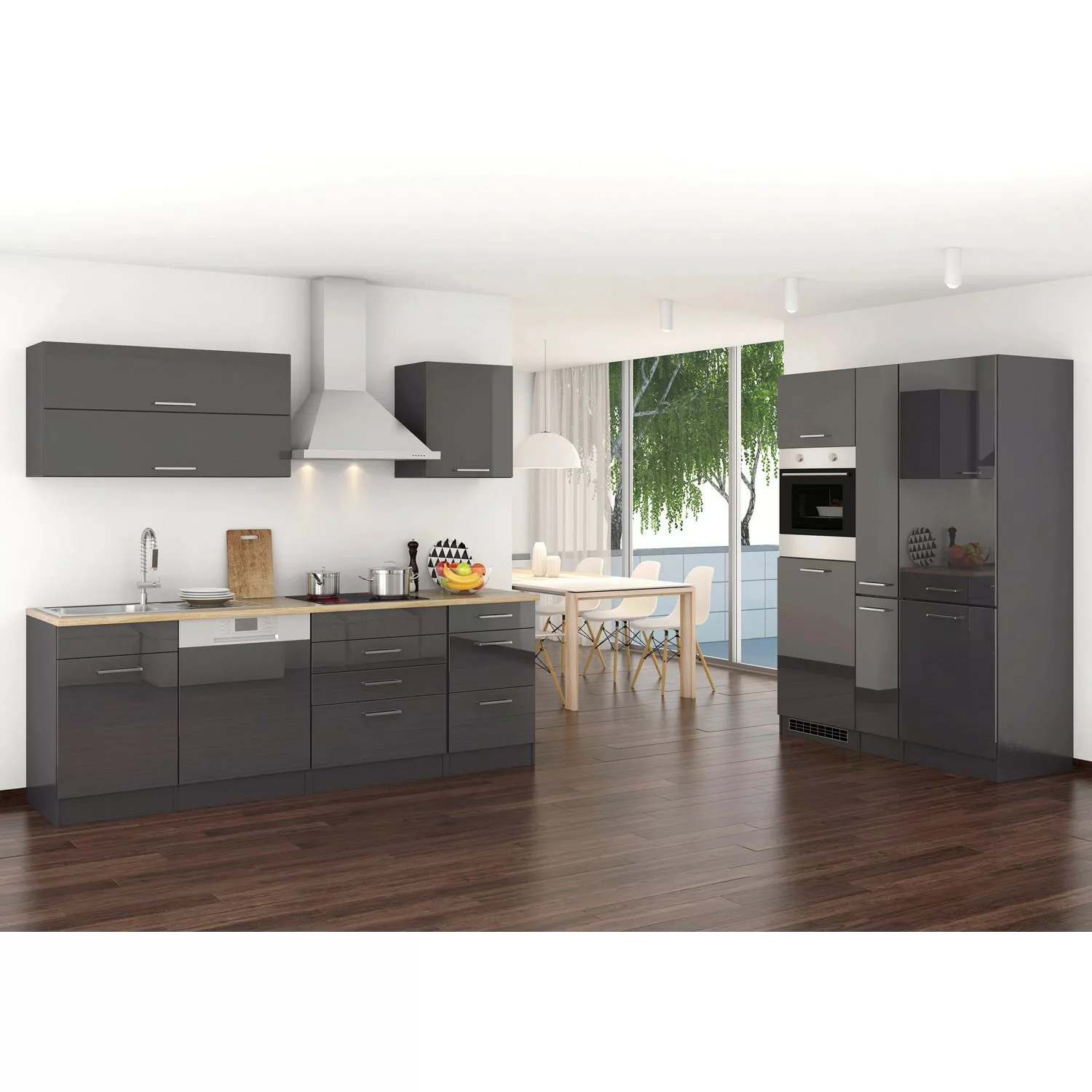 Held Möbel Küchenzeile Mailand 390 cm Grau Hochglanz-Grau Matt mit E-Geräte günstig online kaufen