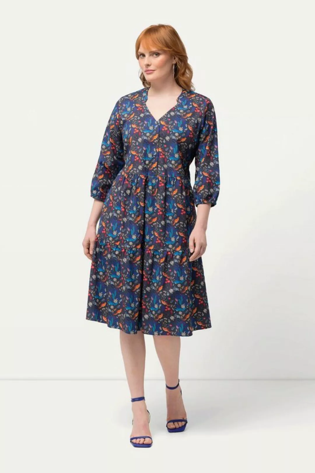 Ulla Popken Jerseykleid Tunikakleid Paradiesvögel V-Ausschnitt 3/4-Arm günstig online kaufen