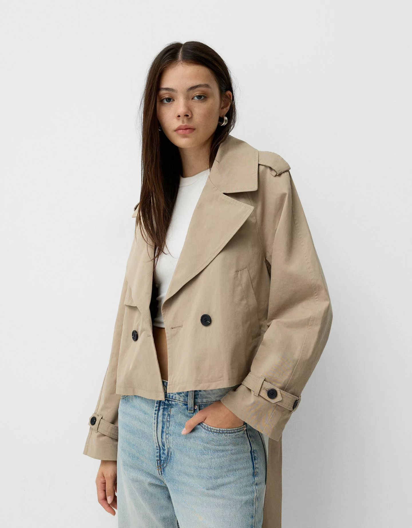 Bershka Kurzer Trenchcoat Mit Gürtel Damen S Grau günstig online kaufen