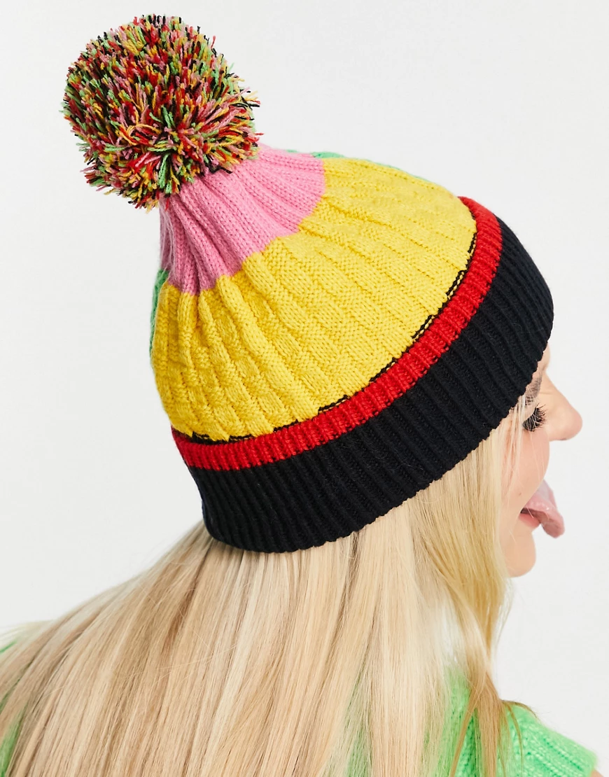 ASOS DESIGN – Bunte Strickmütze mit Bommel-Mehrfarbig günstig online kaufen