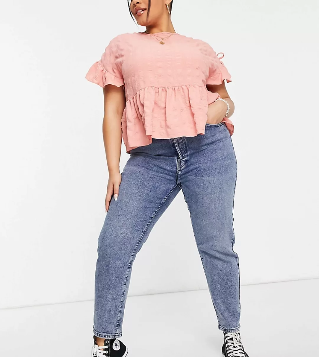 Only Curve – Josie – Jeans mit schmalem Bein und hohem Bund in Mittelblau günstig online kaufen