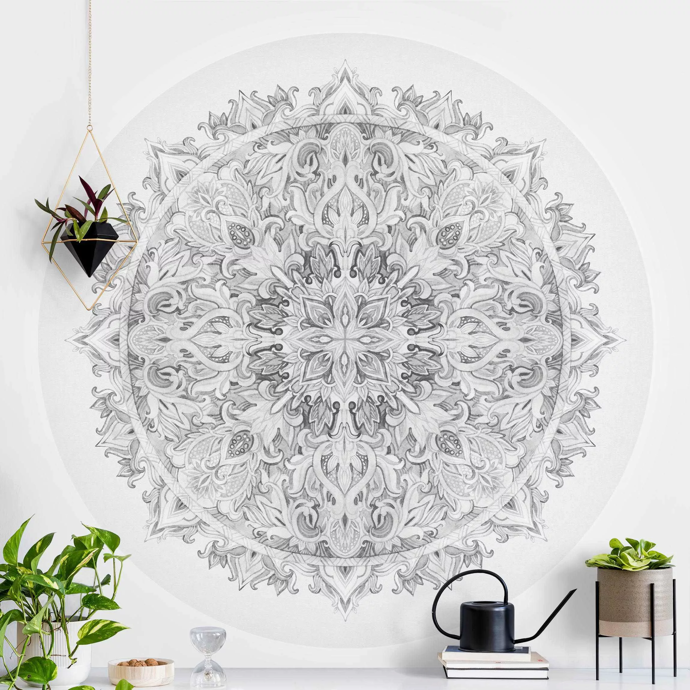 Runde Mustertapete selbstklebend Mandala Aquarell Ornament schwarz weiß günstig online kaufen