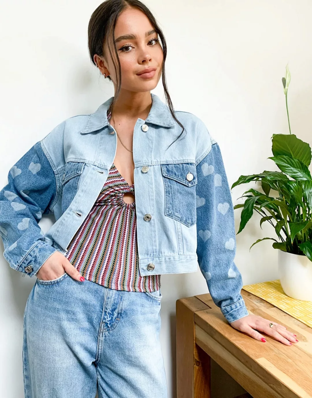 Minga London – Oversize-Jeansjacke mit Herzmuster, Kombiteil-Blau günstig online kaufen