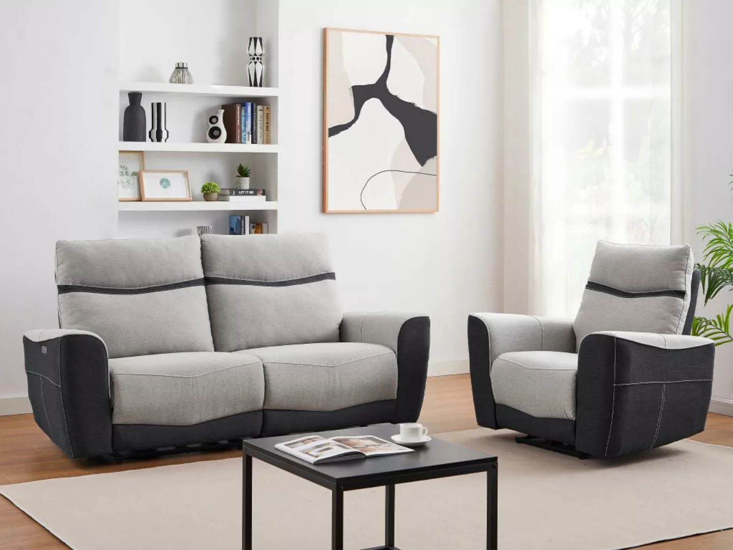 Relaxsofa 3-Sitzer & Relaxsessel elektrisch - Stoff - Grau & Anthrazit - DA günstig online kaufen