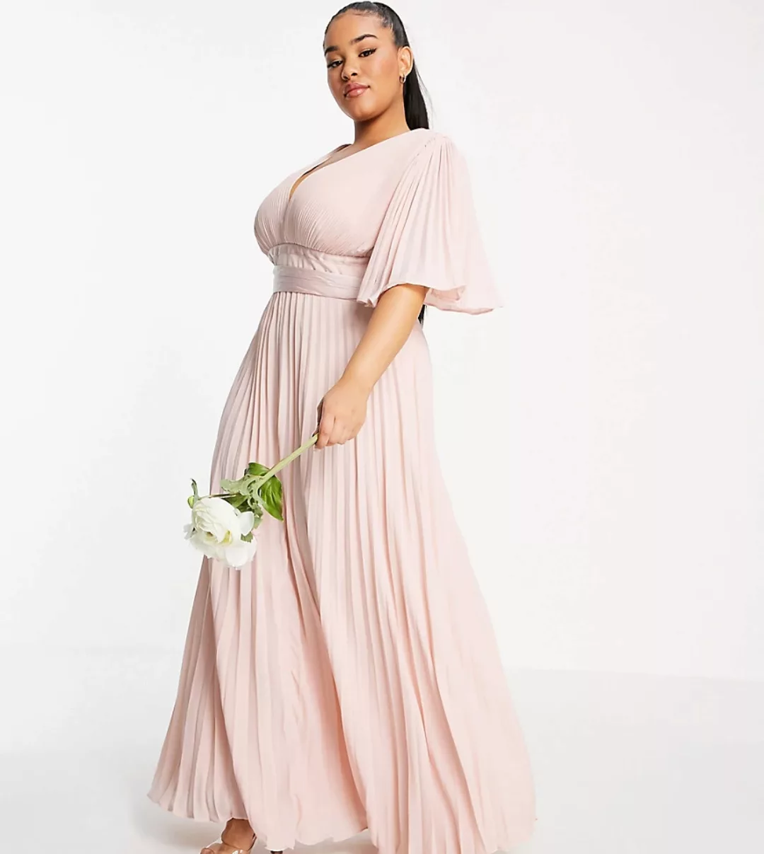 ASOS DESIGN Curve – Bridesmaid – Plissiertes Maxikleid mit Flatterärmeln un günstig online kaufen