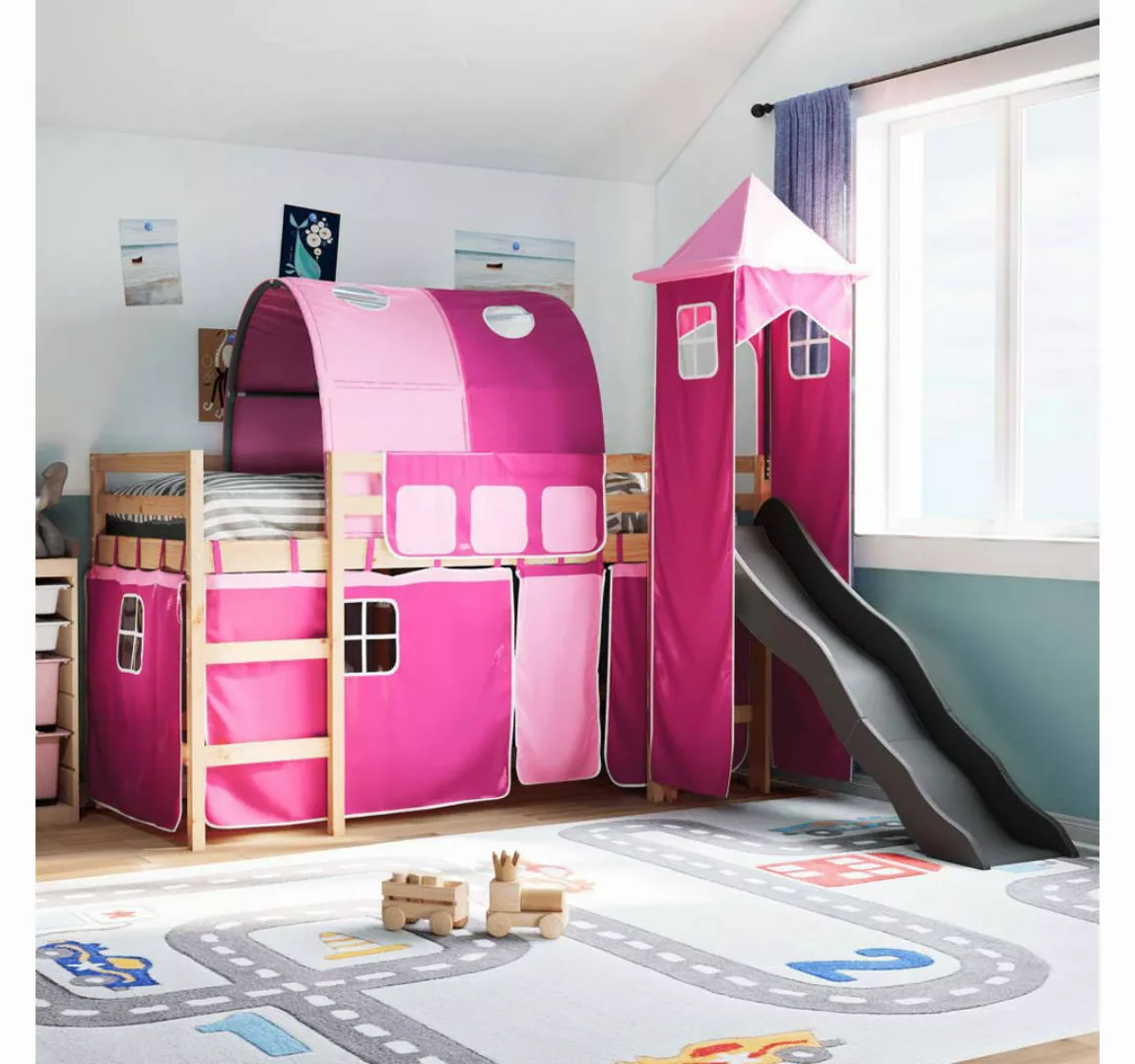 vidaXL Bett, Kinderhochbett mit Turm Rosa 90x190 cm Massivholz Kiefer günstig online kaufen