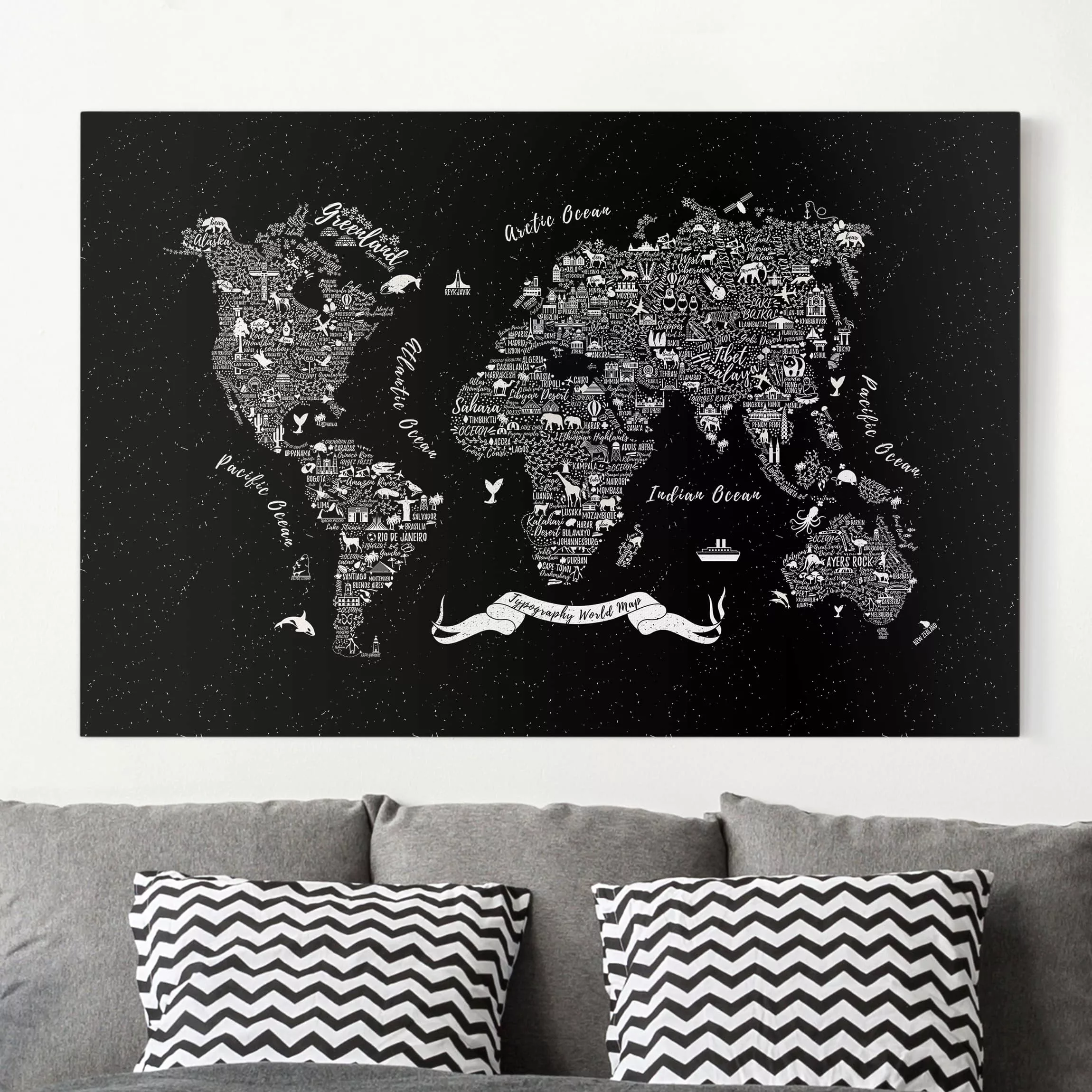 Leinwandbild Weltkarte - Querformat Typografie Weltkarte schwarz günstig online kaufen