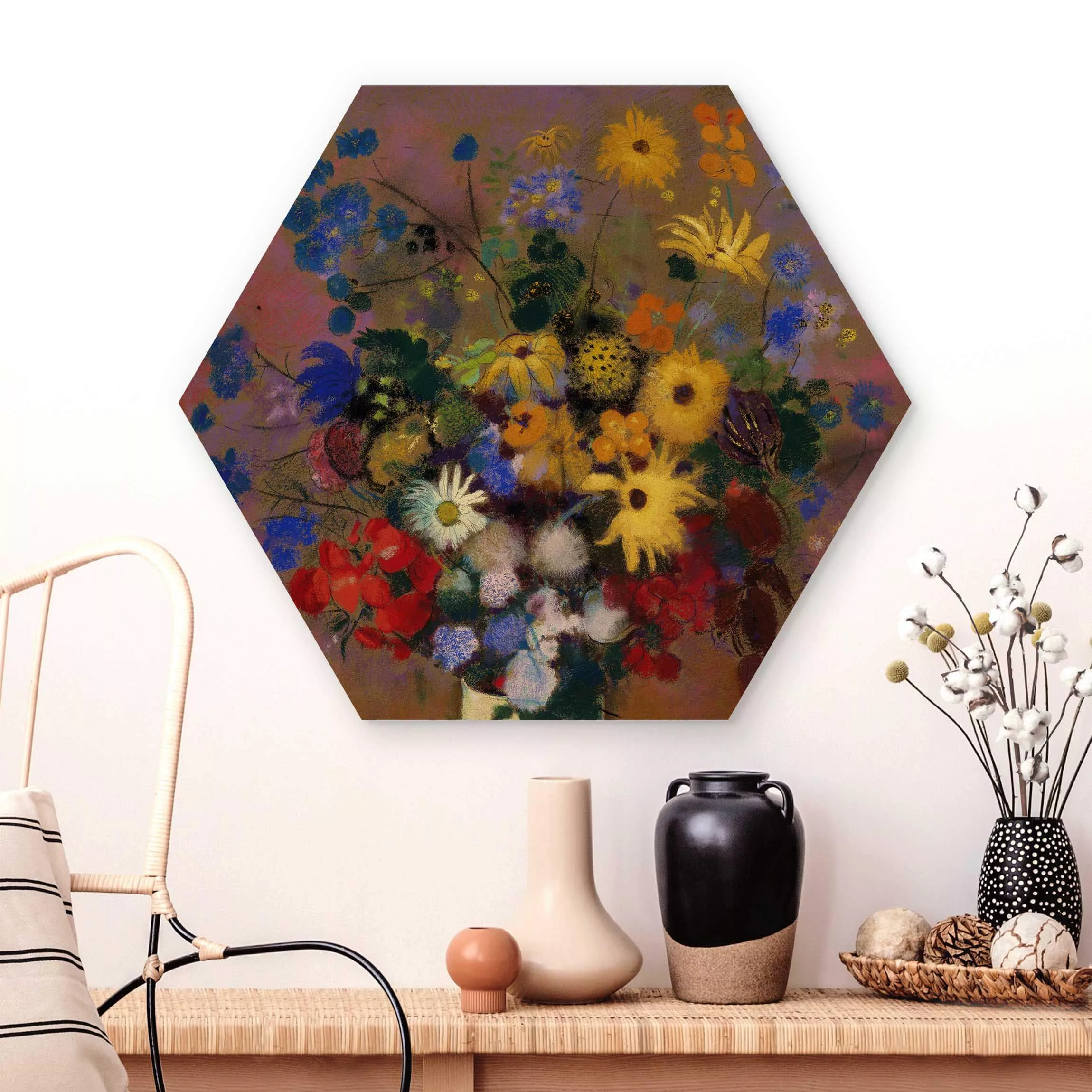 Hexagon-Holzbild Kunstdruck Odilon Redon - Blumen in einer Vase günstig online kaufen