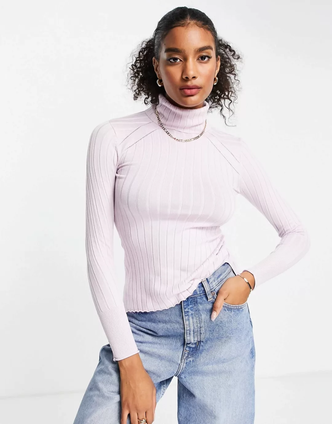 River Island – Rollkragenpullover in Helllila mit breitem Rippenmuster-Viol günstig online kaufen