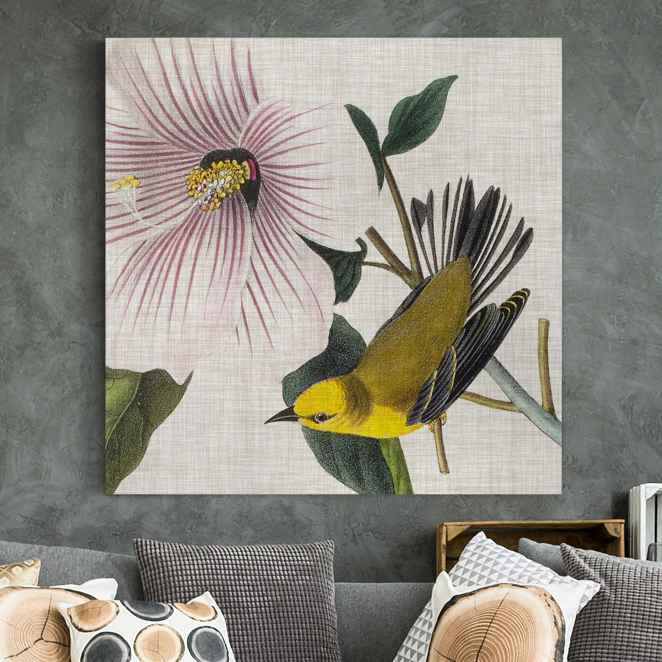 Leinwandbild Blumen - Quadrat Vogel auf Leinen Gelb I günstig online kaufen
