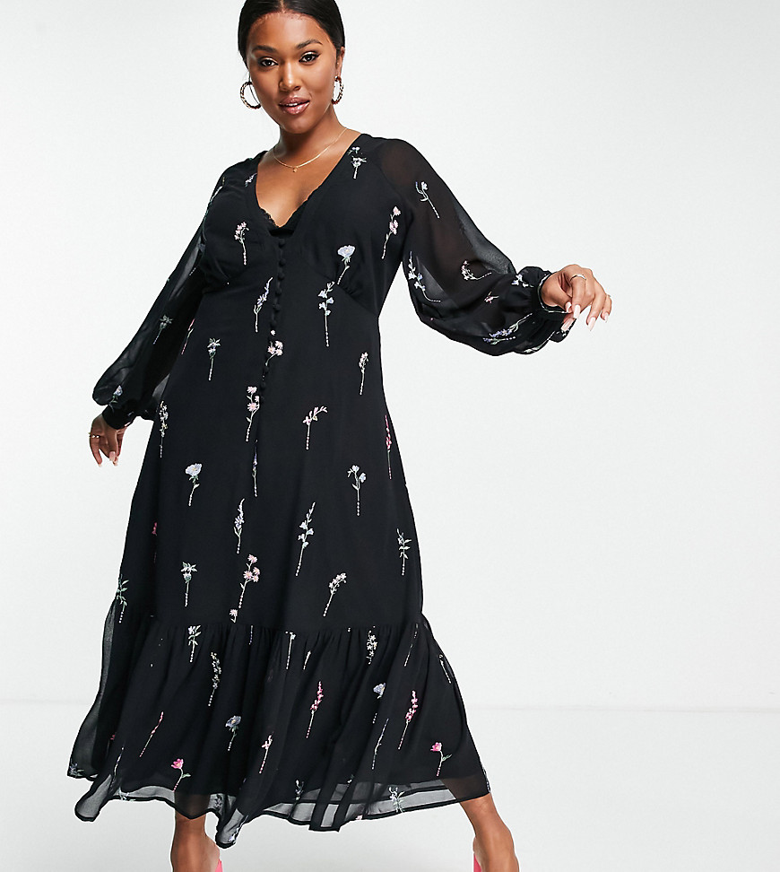 ASOS DESIGN Curve – Besticktes Freizeit-Maxikleid in Schwarz mit durchgehen günstig online kaufen