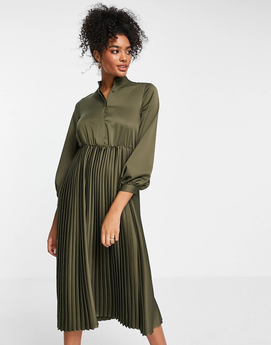 Closet London – Plissiertes Hemdkleid in Midilänge, in Khaki-Grün günstig online kaufen
