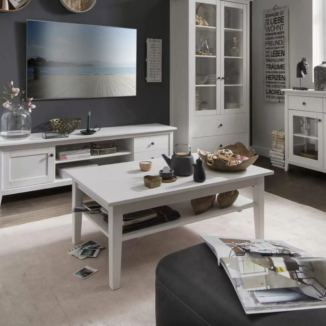 Landhaus Wohnzimmer Tisch aus Kiefer Massivholz Weiß Vierfußgestell günstig online kaufen