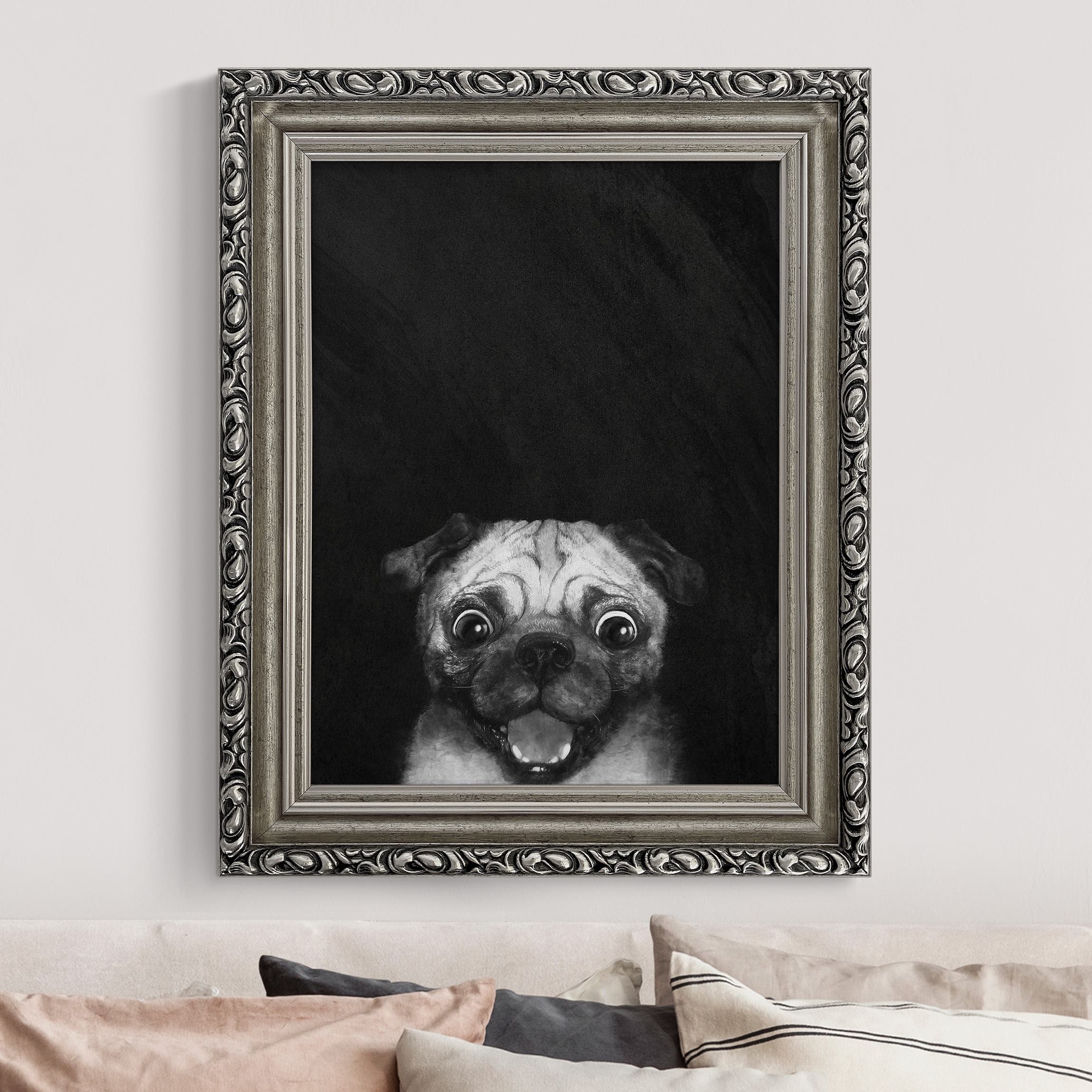 Gerahmtes Leinwandbild Illustration Hund Mops Malerei auf Schwarz Weiß günstig online kaufen