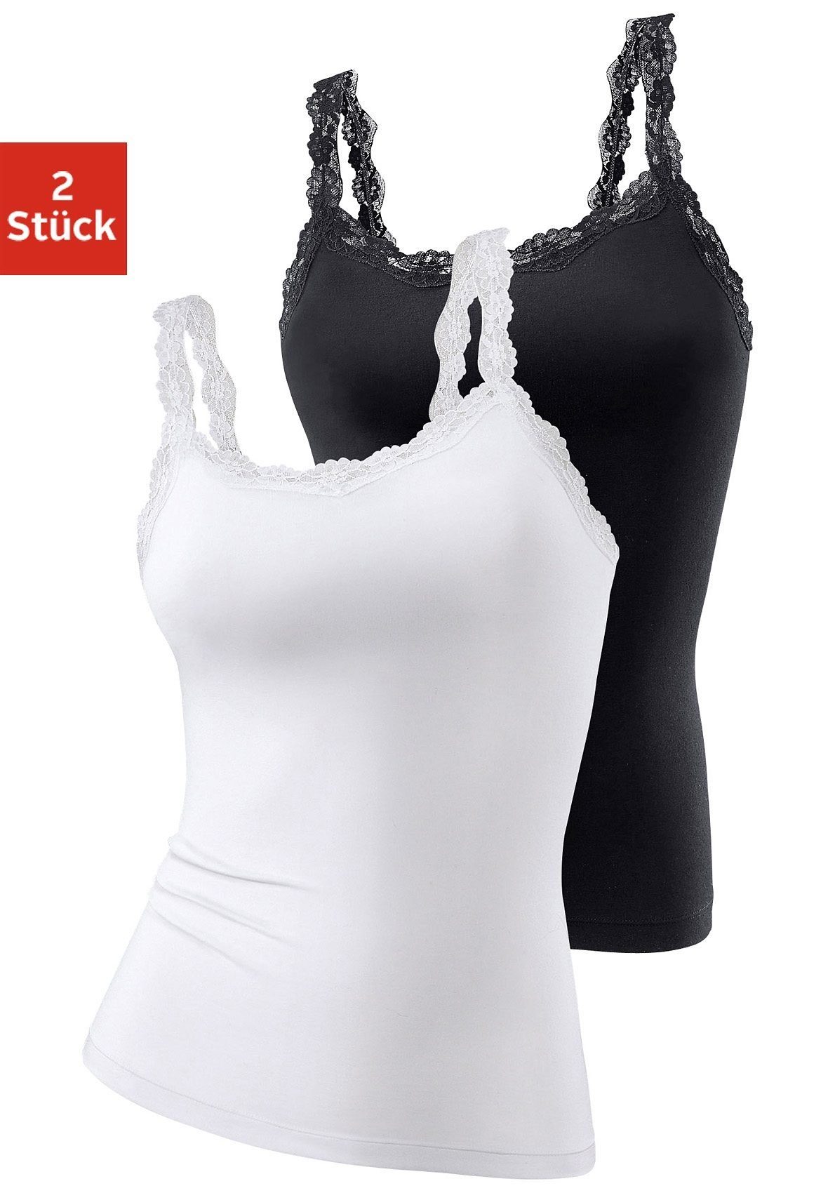 LASCANA Unterhemd, (2er-Pack), aus elastischer Baumwolle mit zarter Spitze, günstig online kaufen