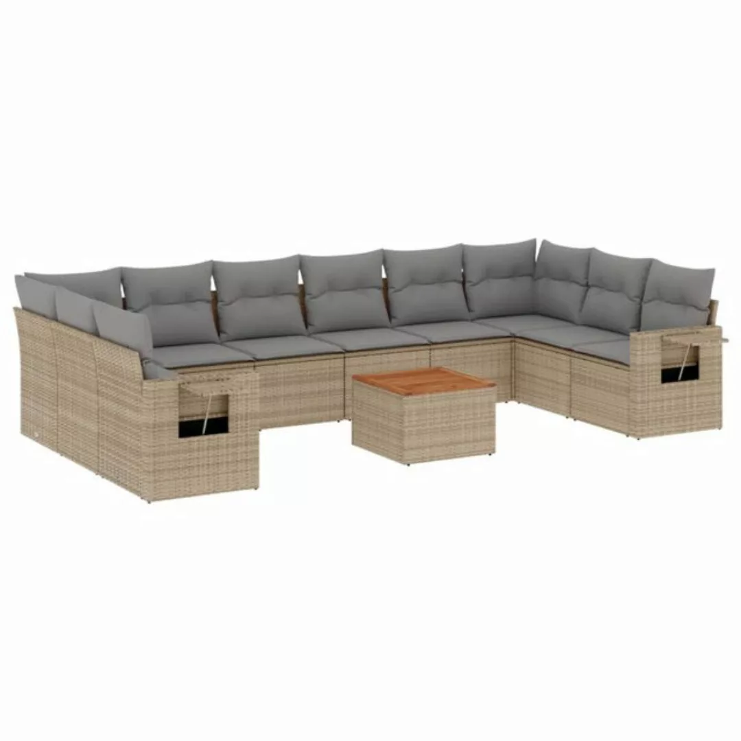 vidaXL Sofaelement 11-tlg. Garten-Sofagarnitur mit Kissen Beige Poly Rattan günstig online kaufen