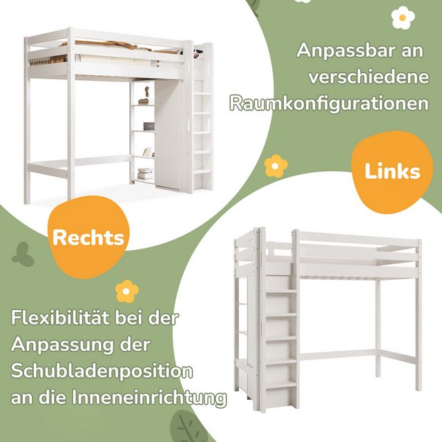 Flieks Hochbett Massivholz Kinderbett mit Kleiderschrank und Stauraumregale günstig online kaufen