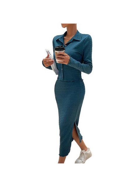 KIKI 2-in-1-Kleid Elegantes Damen Langarm-Bluse und geschlitztes Midi-Rock günstig online kaufen