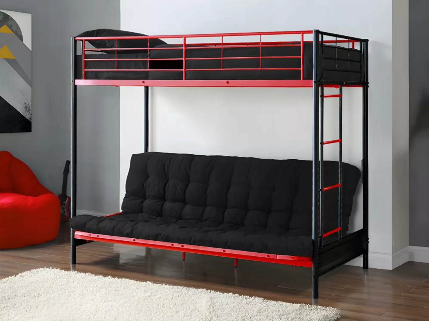 Hochbett mit Schlafsofa - 90 x 190 cm - Metall - Rot & Schwarz - MODULO V günstig online kaufen