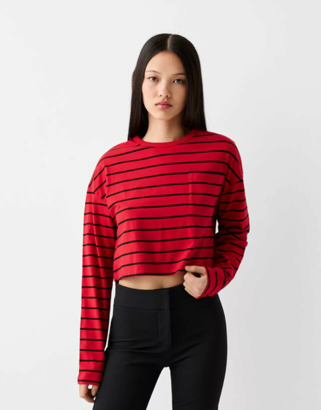 Bershka Gestreifter Pullover Damen S Schwarz / Rot günstig online kaufen