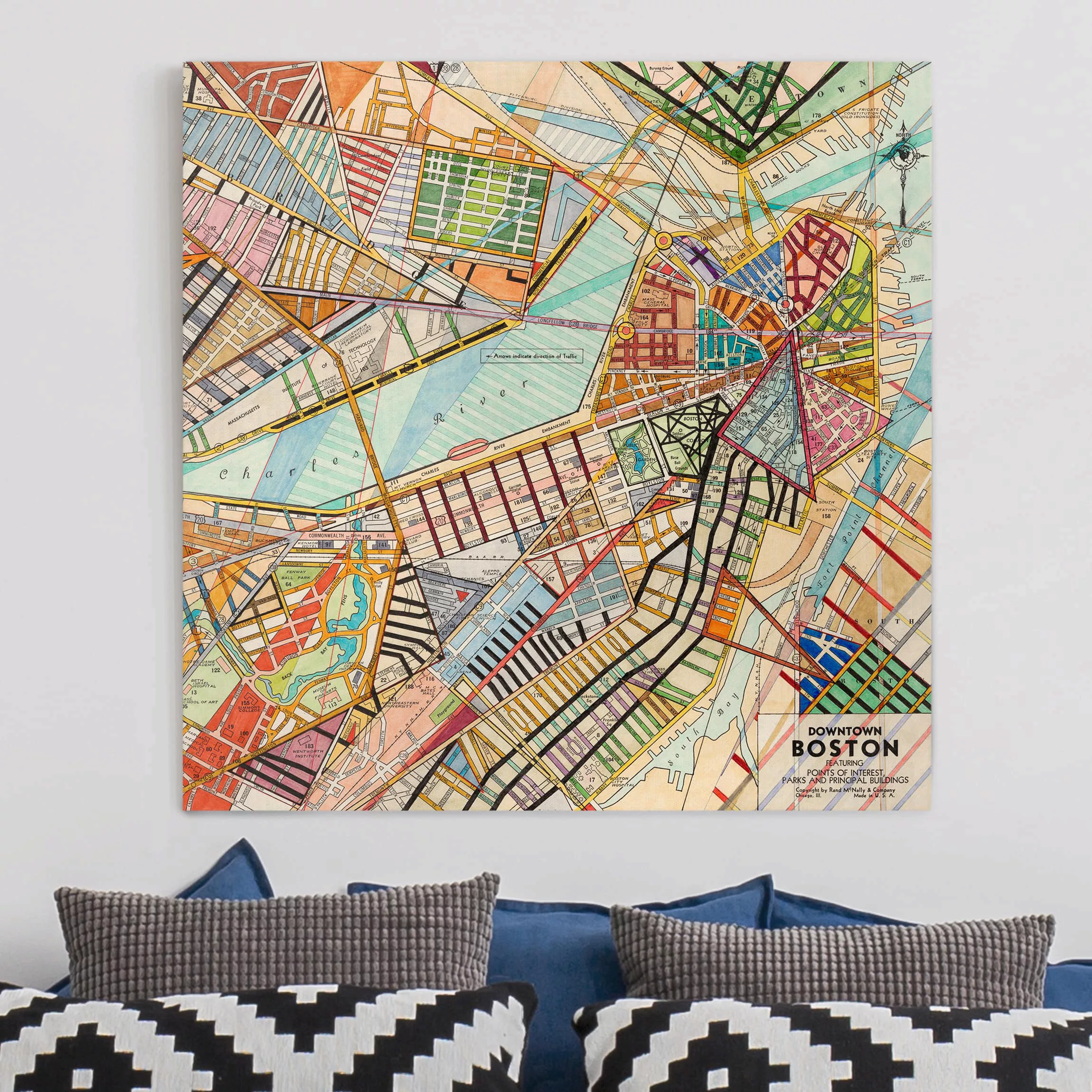 Leinwandbild Stadtplan - Quadrat Moderne Karte von Boston günstig online kaufen