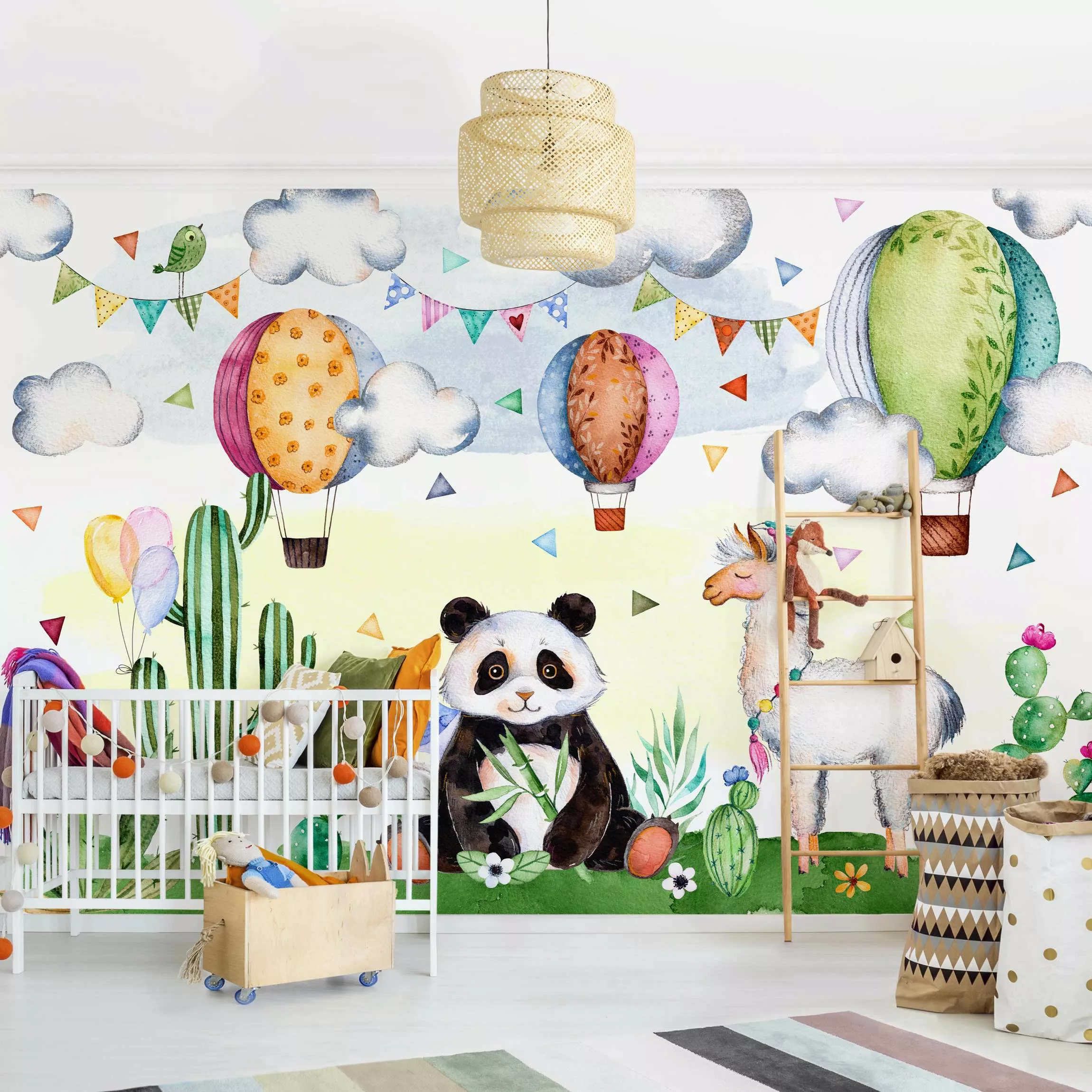 Bilderwelten Kindertapete Panda und Lama Aquarell grün Gr. 192 x 192 günstig online kaufen
