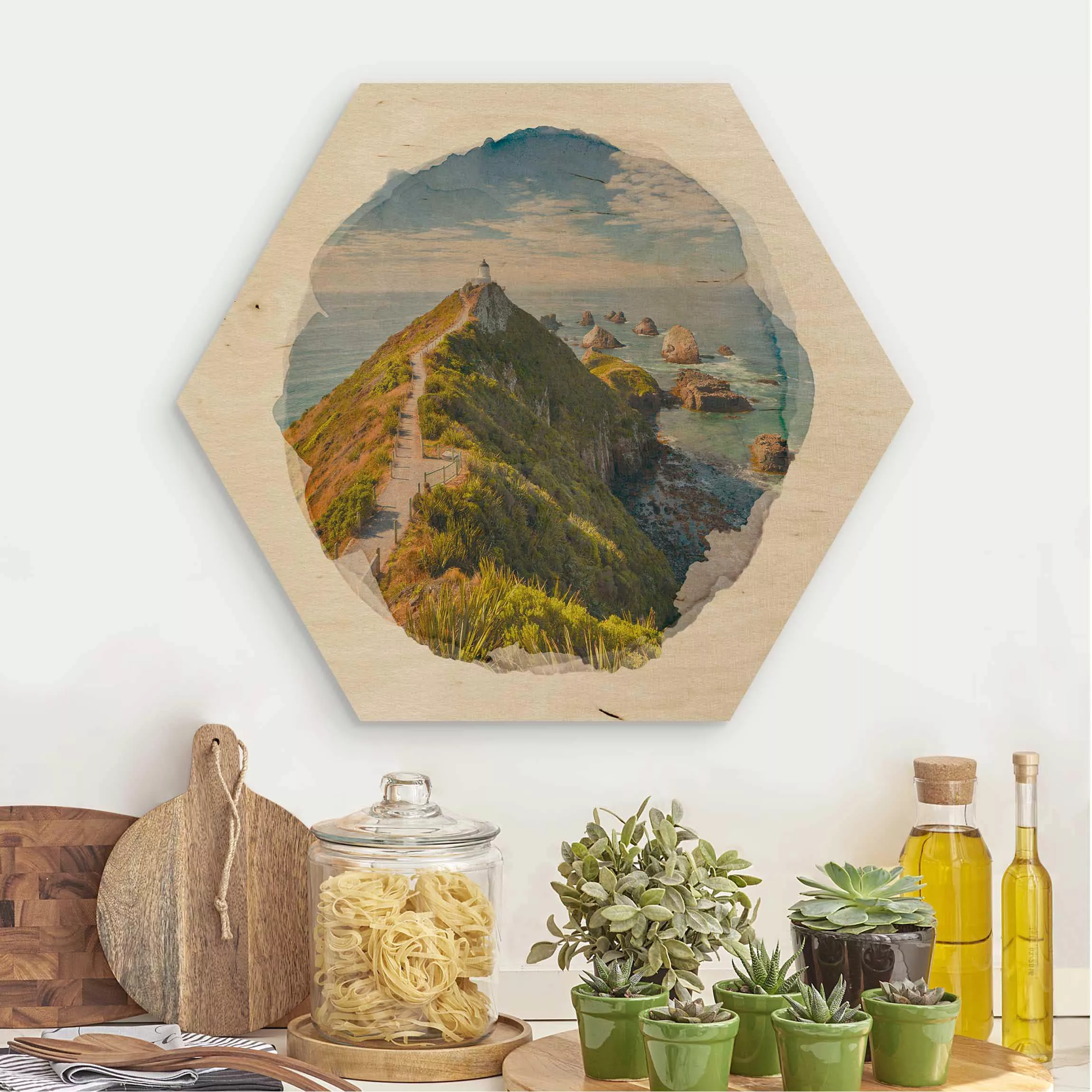 Hexagon-Holzbild Natur & Landschaft Wasserfarben - Nugget Point Leuchtturm günstig online kaufen