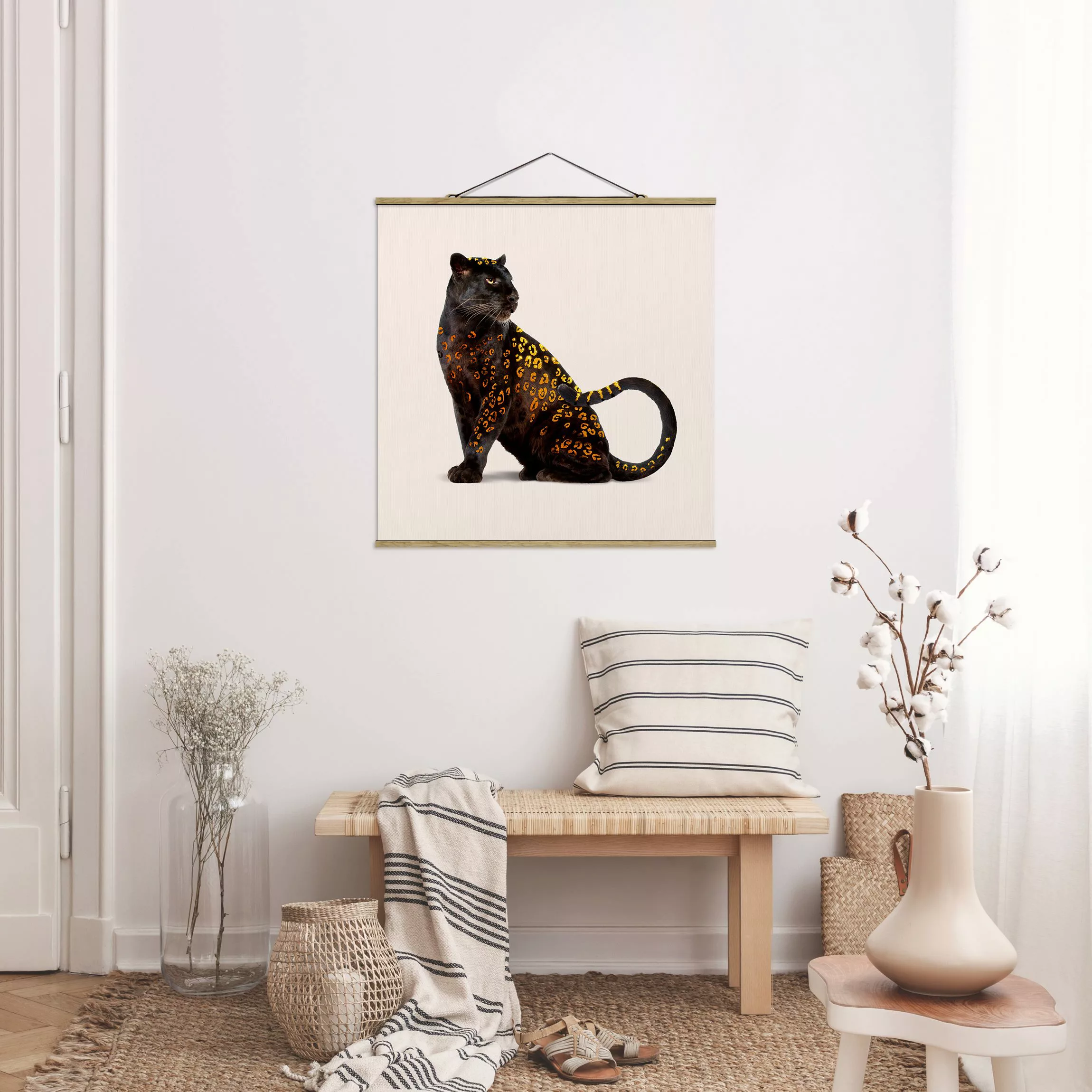 Stoffbild Tiere mit Posterleisten - Quadrat Goldener Panther günstig online kaufen