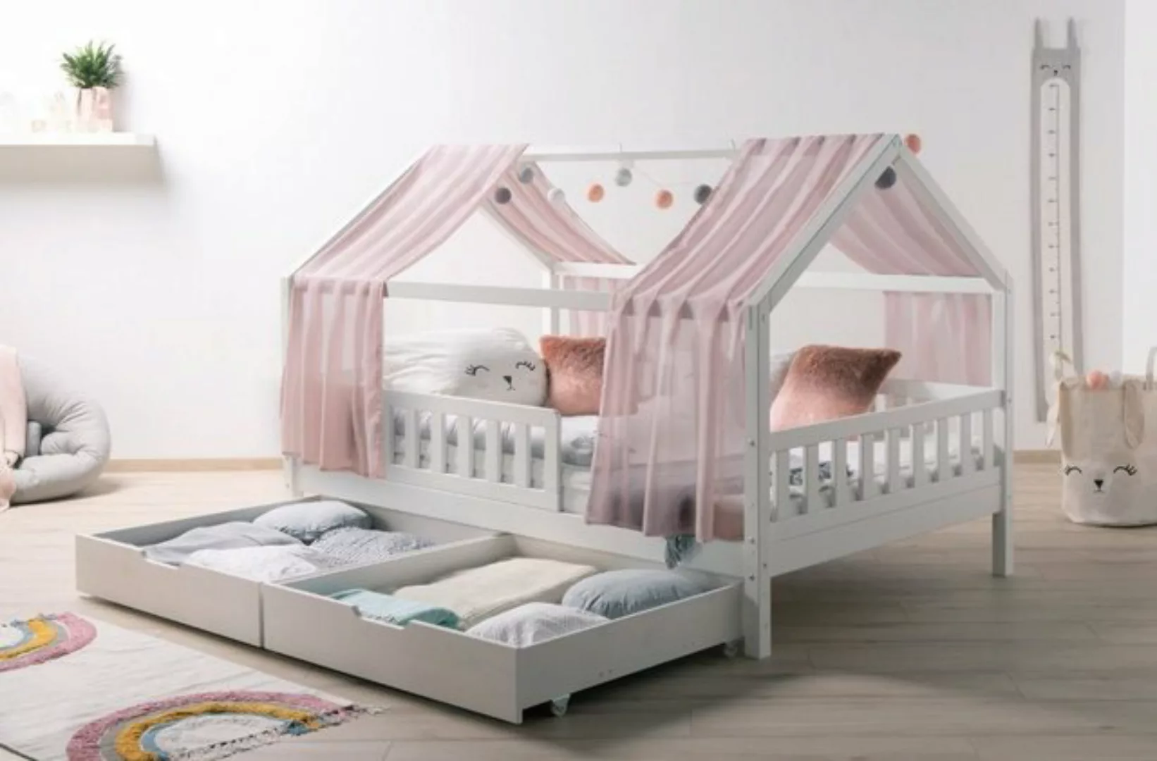 Ticaa Hausbett Kinderbett Hausbett "Kim" inkl. Schubkästen Kiefer, Hausbett günstig online kaufen