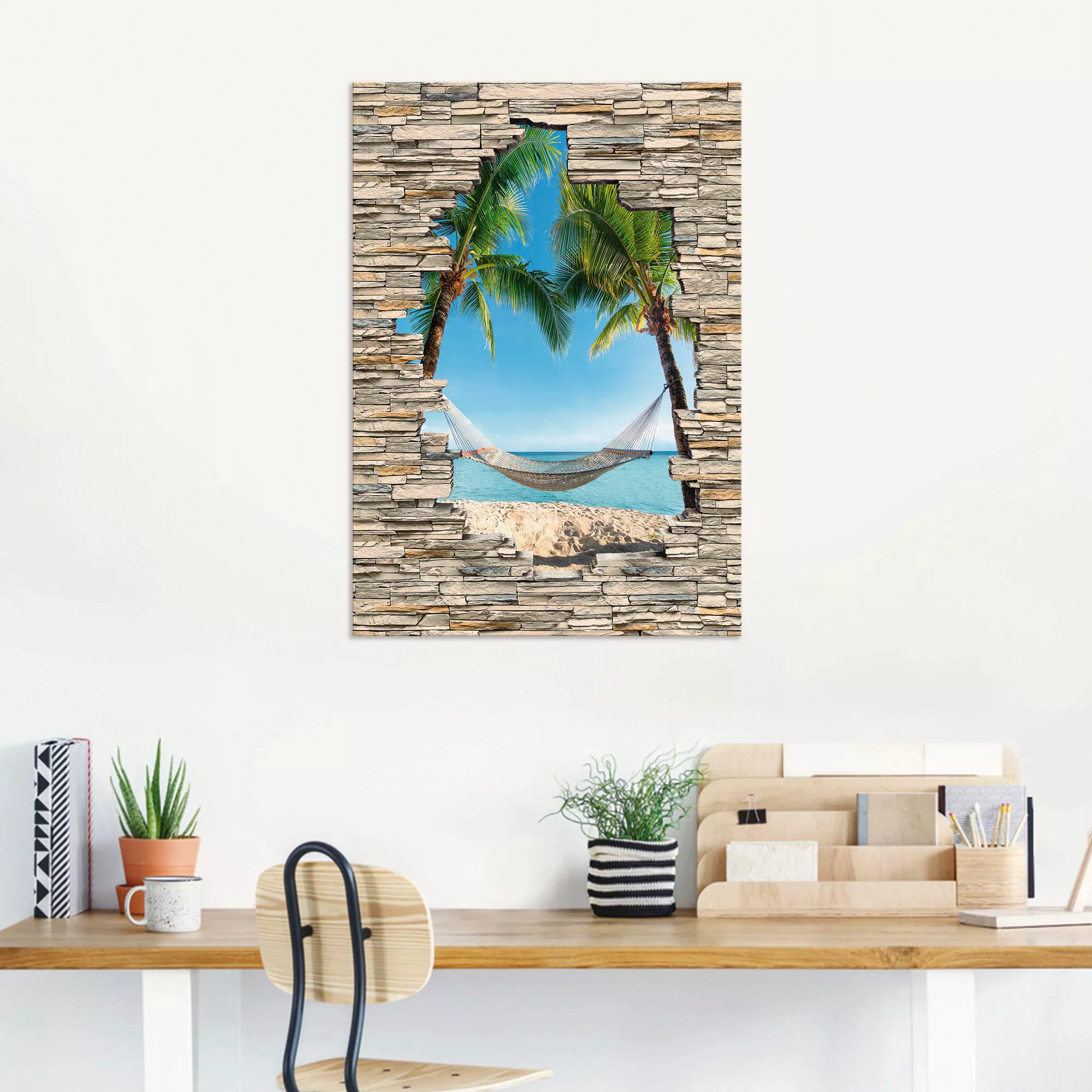 Artland Wandbild "Palmenstrand Karibik Hängematte Stein", Karibikbilder, (1 günstig online kaufen