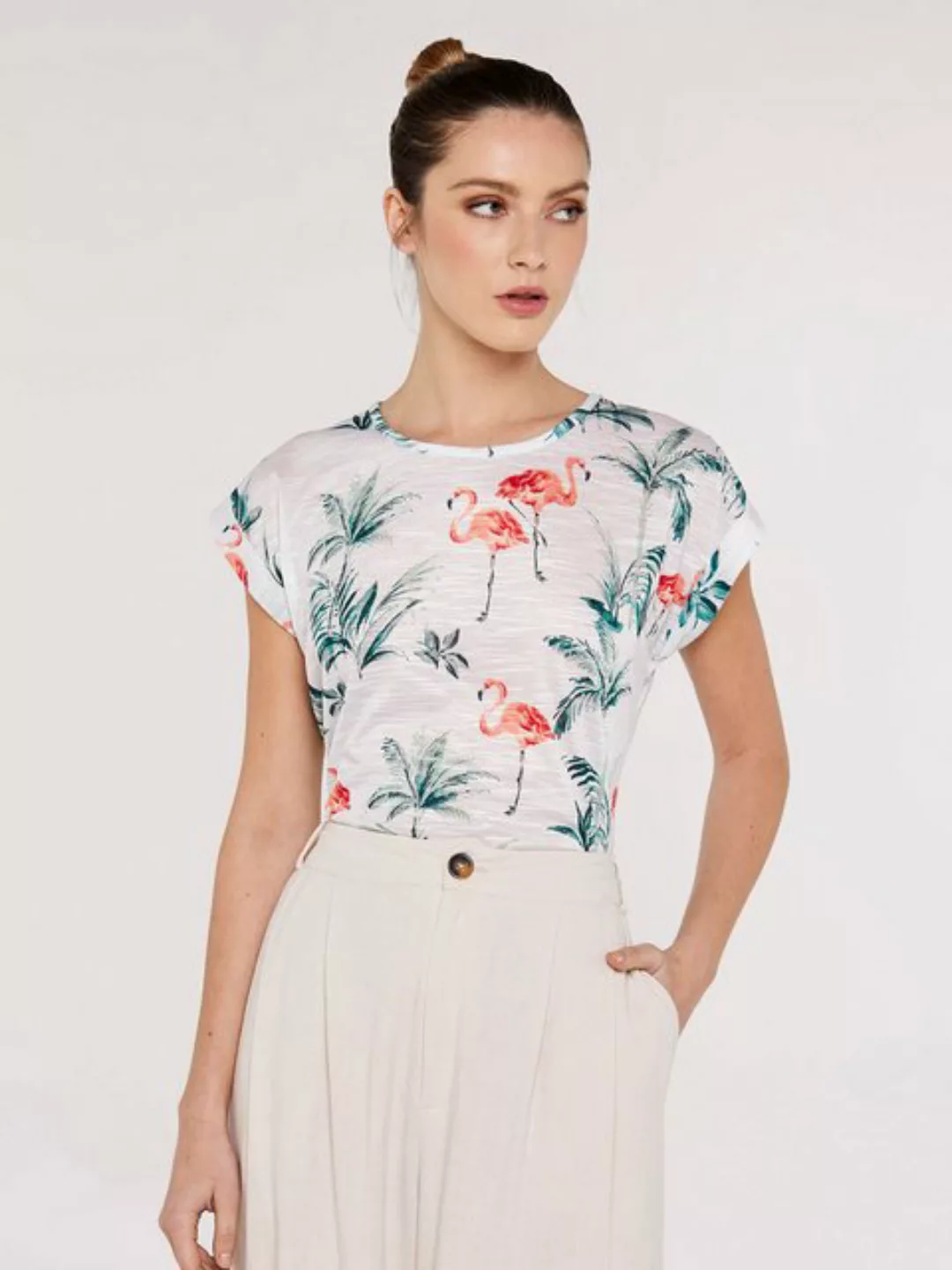 Apricot T-Shirt Flamingo Palms Oasis Slub Top, mit umgeschlagenen Ärmeln günstig online kaufen