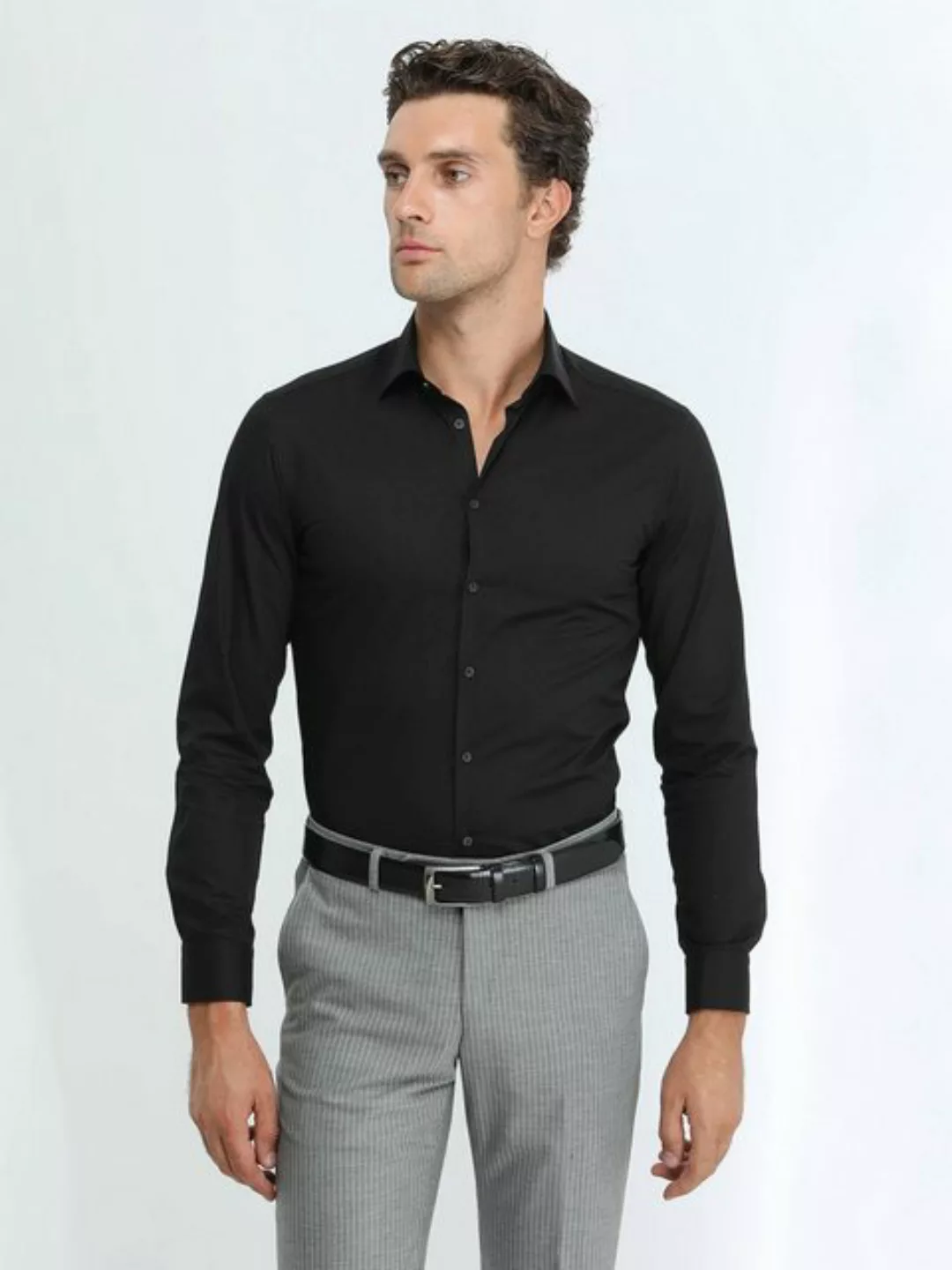 KİP Langarmhemd Schwarzes Gerades Slim Fit Weben Klassisches Baumwollmischh günstig online kaufen