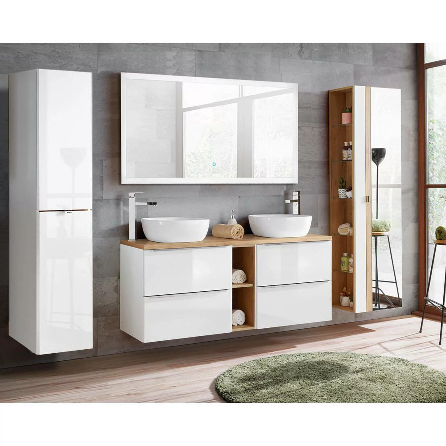 Badezimmer Set weiß Hochglanz mit Keramik-Doppel-Waschtisch TOSKANA-56 LED- günstig online kaufen