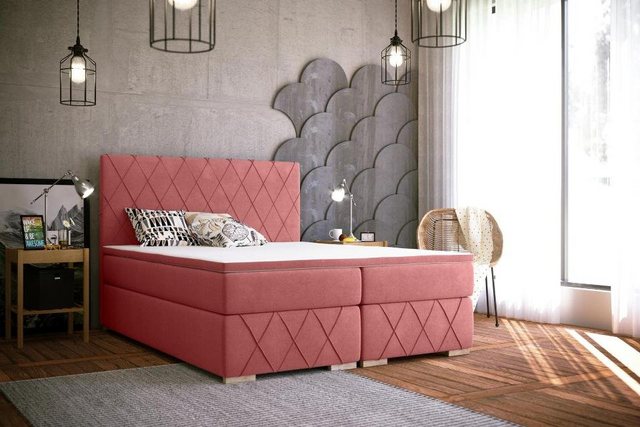 JVmoebel Bett Komplett Set Matratze & Topper Boxspring Bett Pink Polster 18 günstig online kaufen