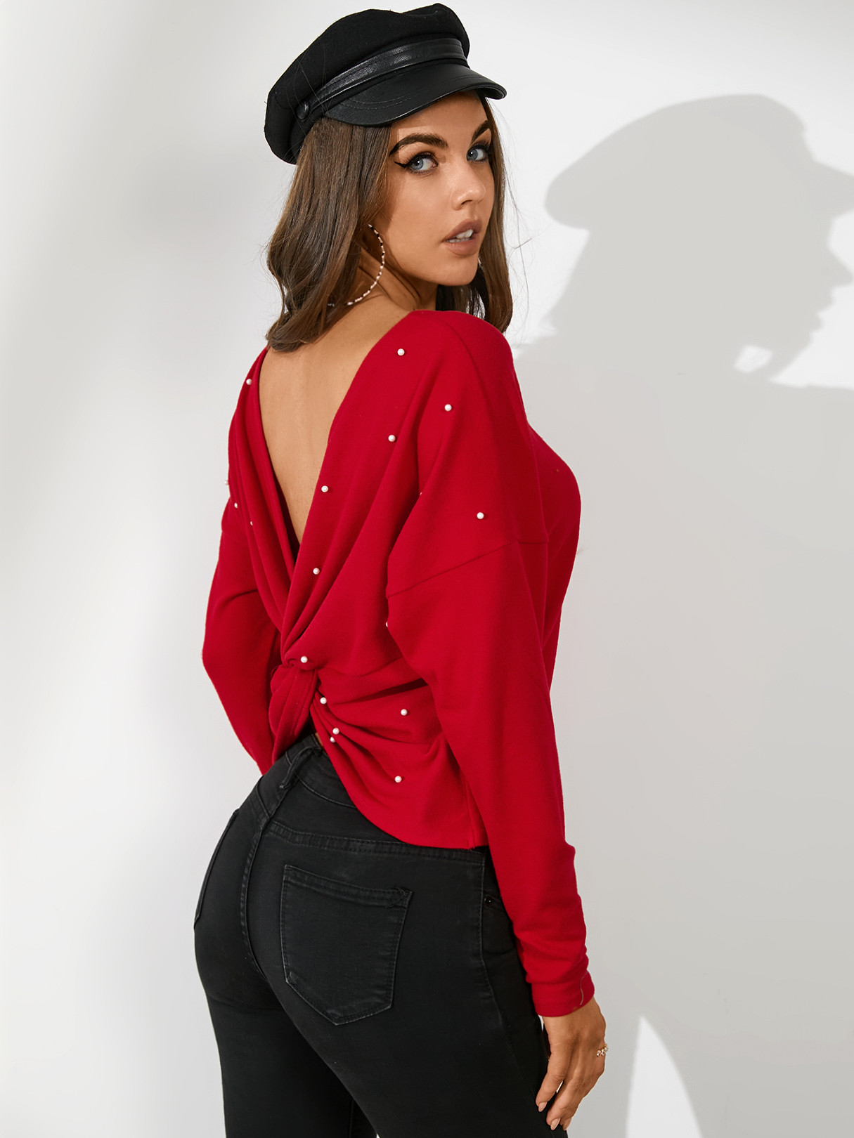 YOINS Backless Handmade Perlen Rundhalsausschnitt Langarm Sweatshirt günstig online kaufen