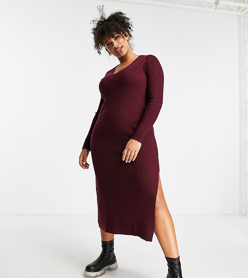 ASOS DESIGN Curve – Geripptes Strickkleid in Dunkelrot mit V-Ausschnitt günstig online kaufen