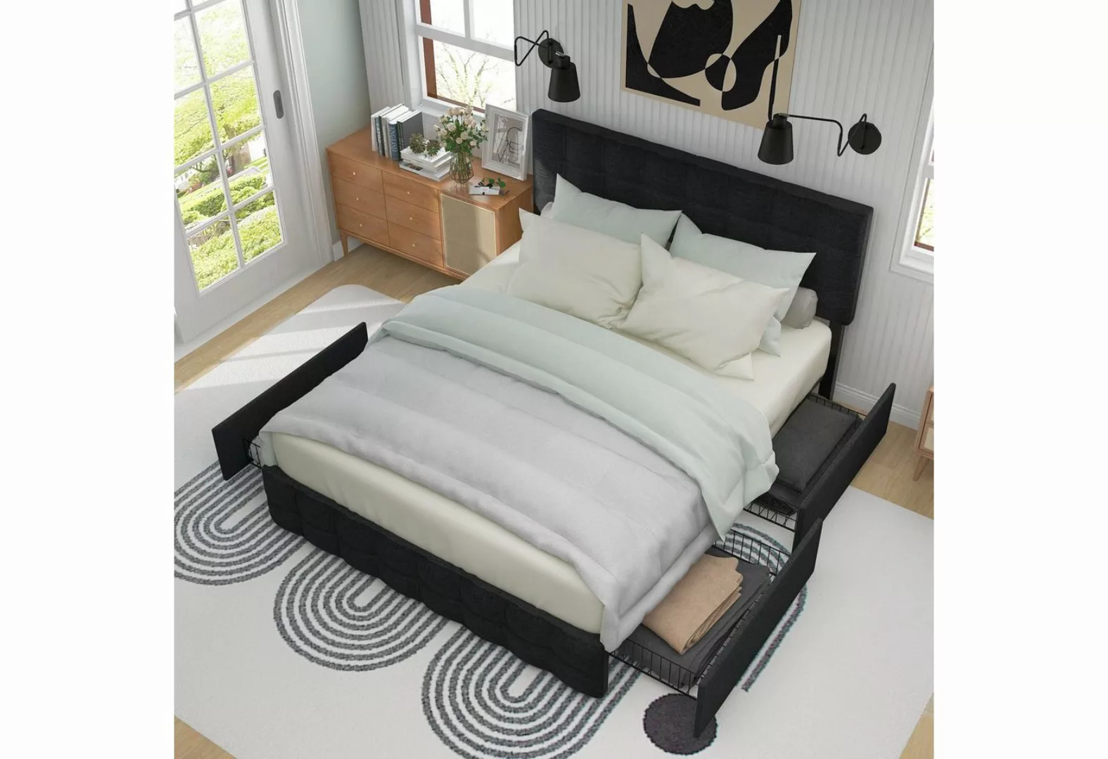 OKWISH Polsterbett Doppelbett mit Lattenrost, Stauraum Bett (mit 4 Schublad günstig online kaufen