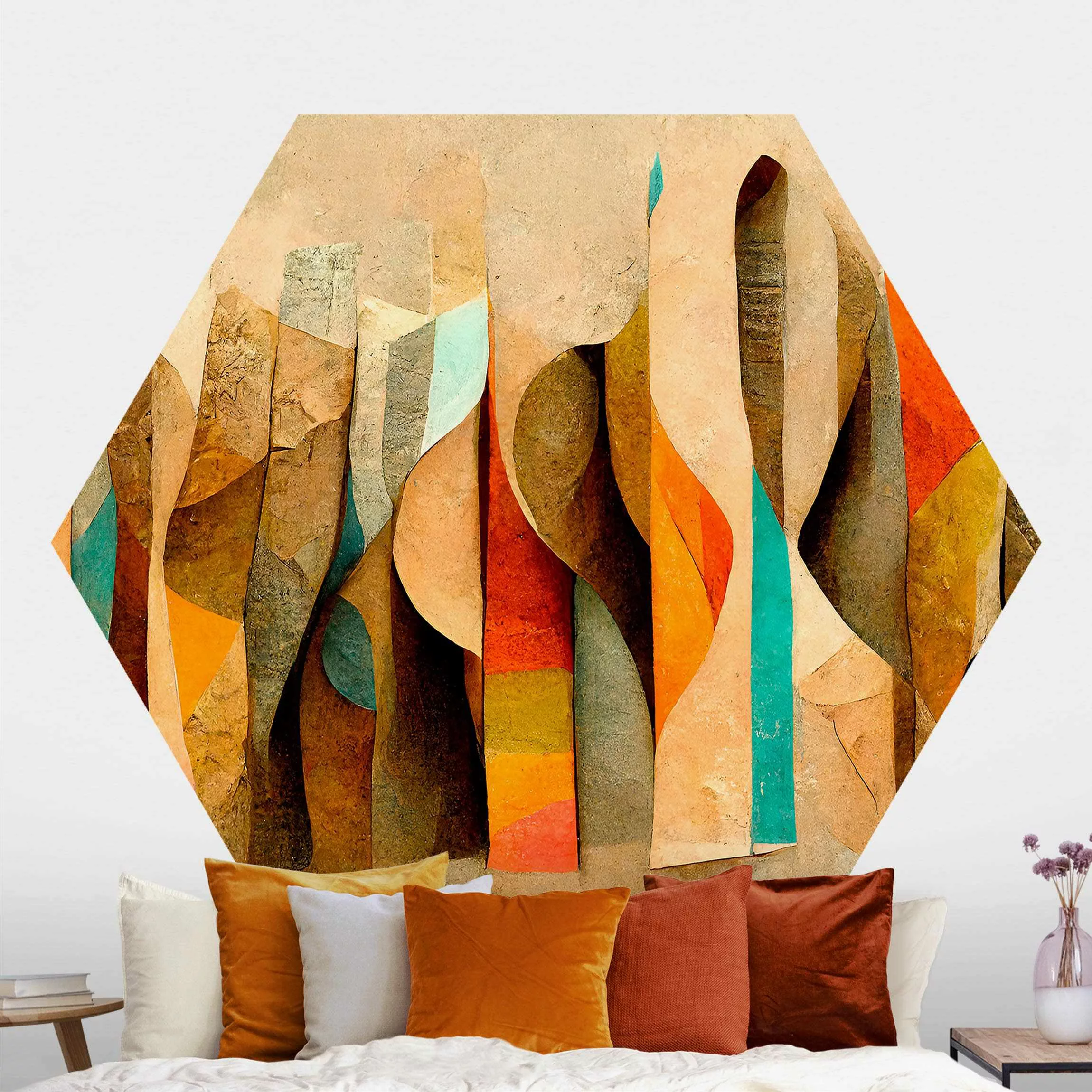 Hexagon Tapete selbstklebend Warme Farbstreifen günstig online kaufen