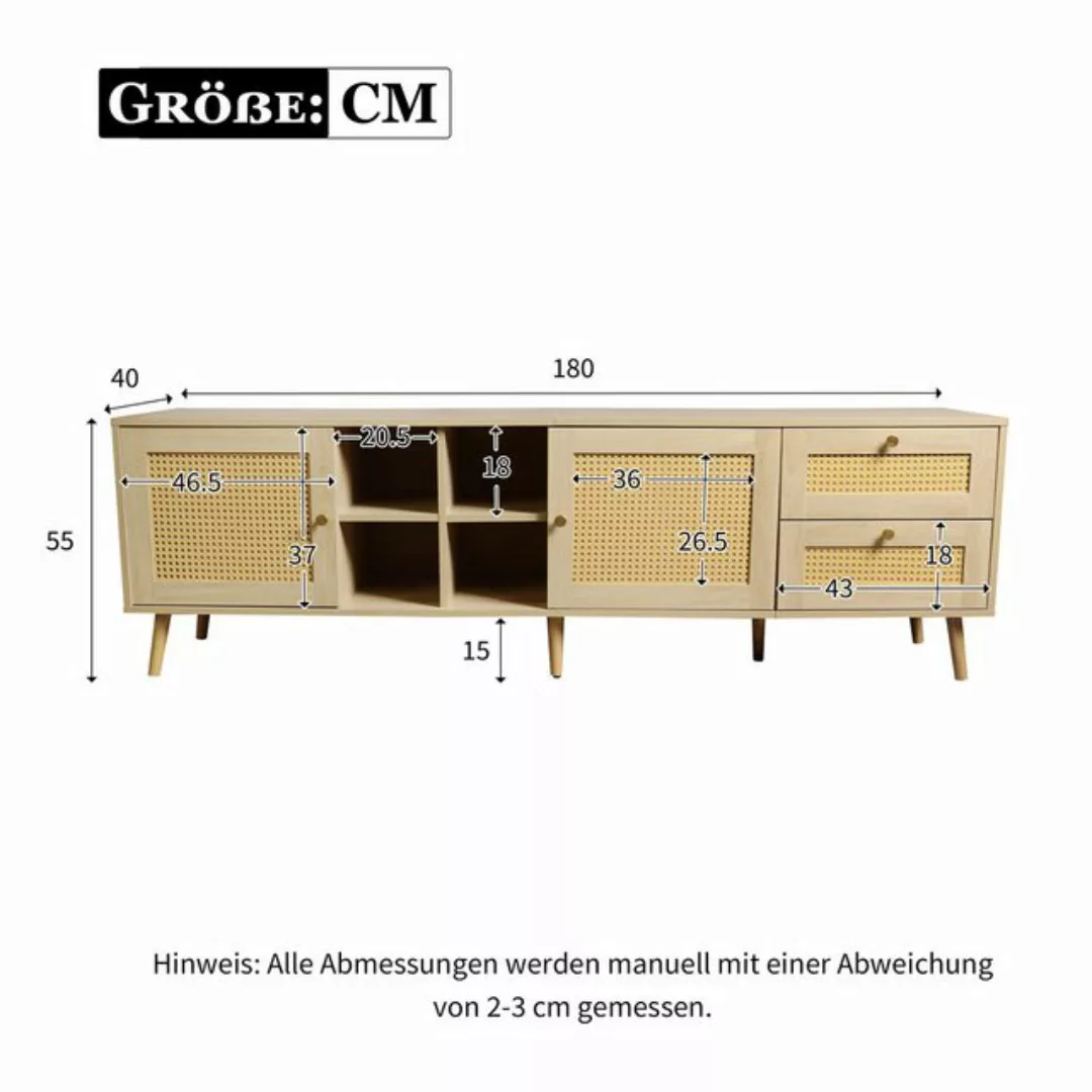 YNOFIT TV-Schrank TV Lowboard, 2 Rattan-Türen, 2 Rattan-Schubladen, 180*40* günstig online kaufen