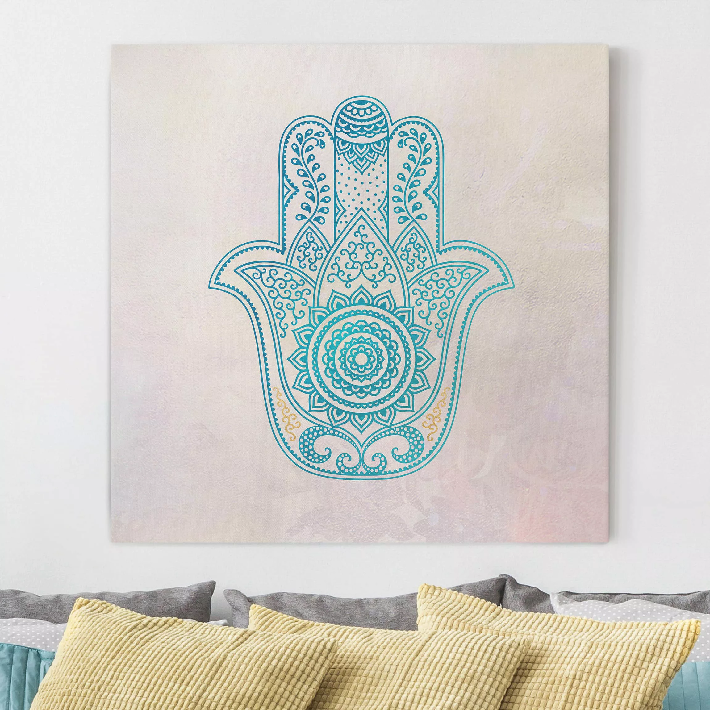 Leinwandbild Hamsa Hand Illustration Mandala gold blau günstig online kaufen