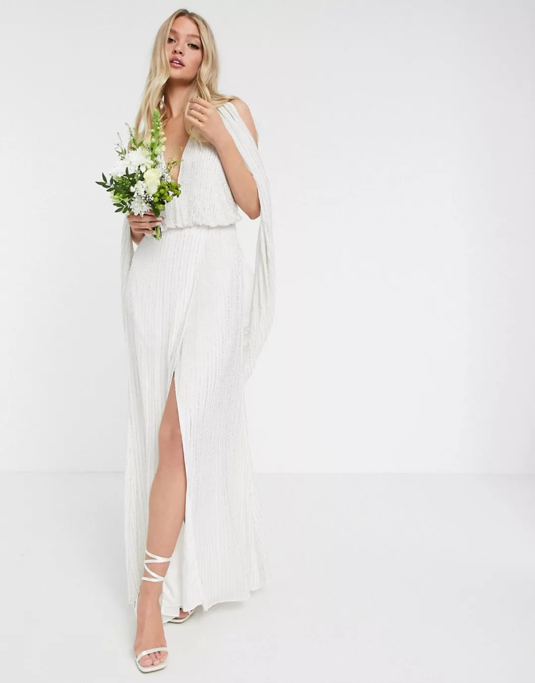 ASOS EDITION – Samantha – Perlenbesetztes Hochzeitskleid mit drapierten Ärm günstig online kaufen