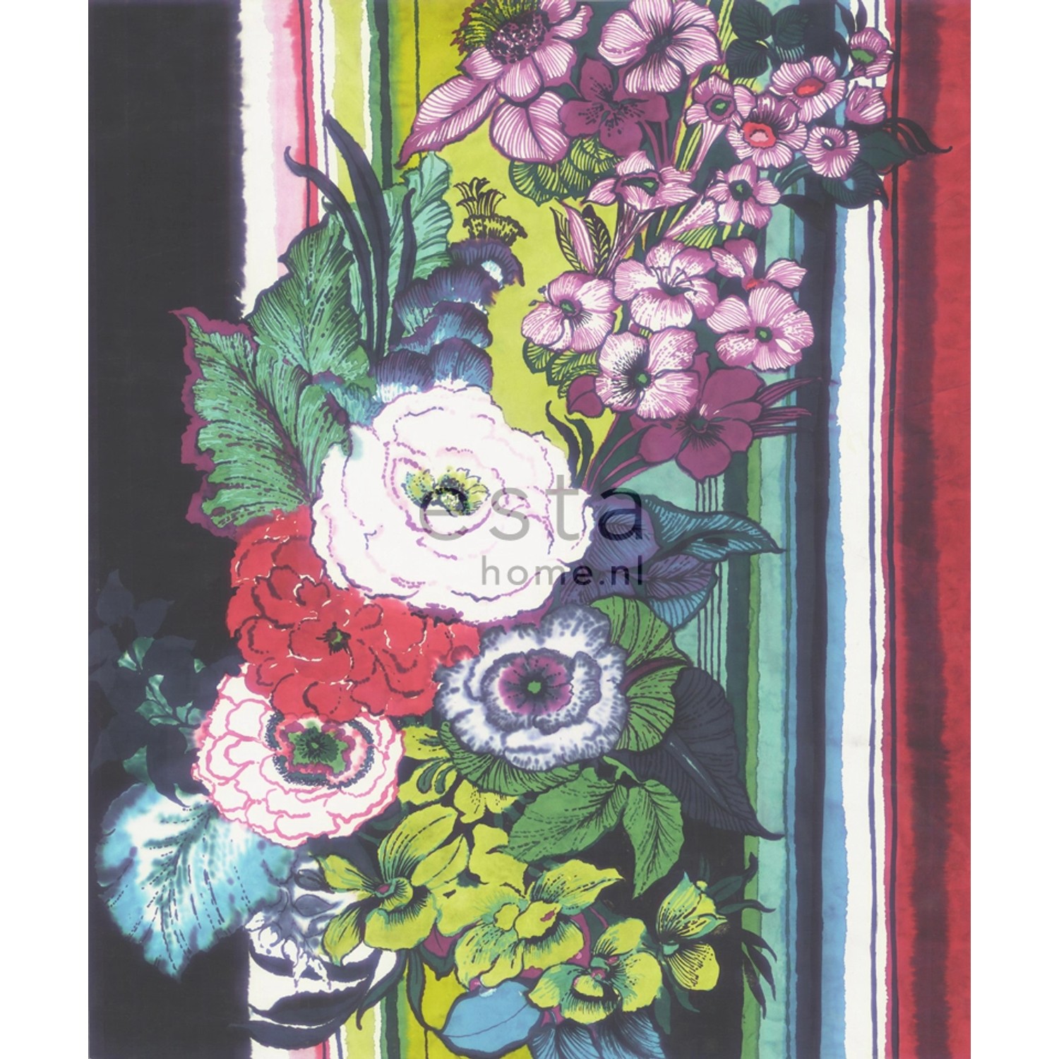 ESTAhome Fototapete Blumen Schwarz Rot Blau Weiß und Grün 232,5 cm x 2,79 m günstig online kaufen
