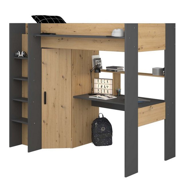 Hochbett mit Schreibtisch & Kleiderschrank - 90 x 200 cm - Weiß & Naturfarb günstig online kaufen