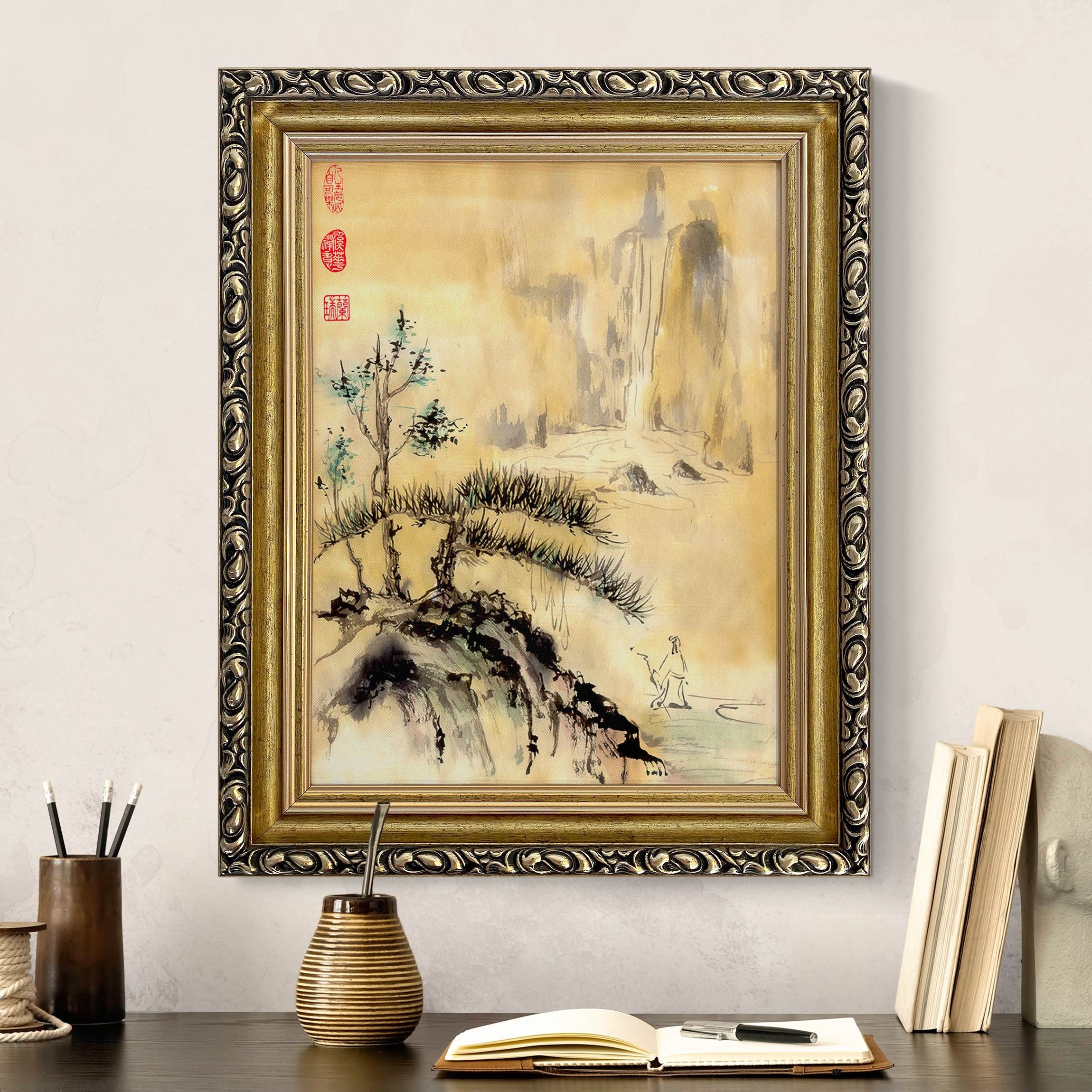 Gerahmtes Leinwandbild Japanische Aquarell Zeichnung Zedern und Berge günstig online kaufen