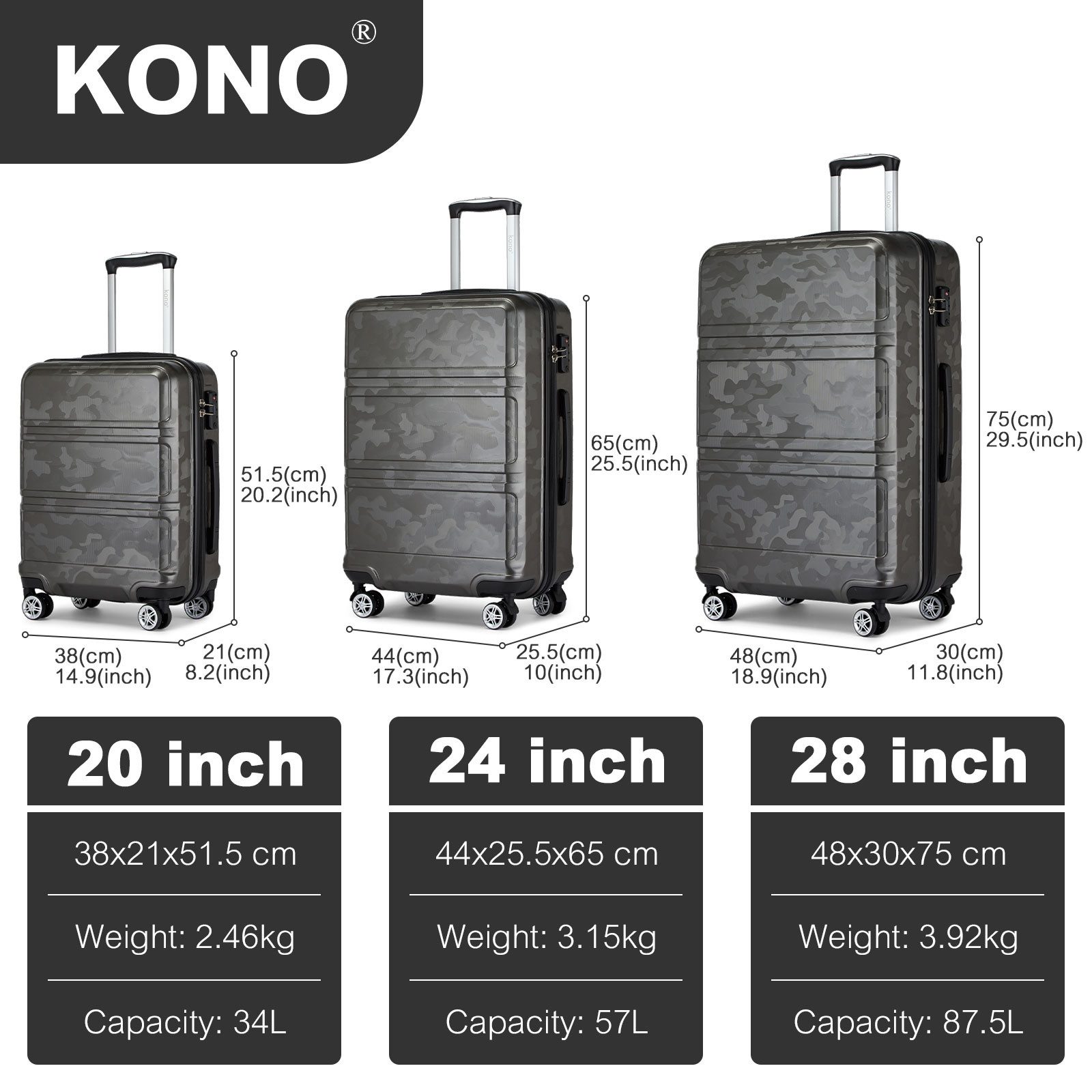 KONO Hartschalen-Trolley mit TSA-Schloss - Reisekoffer günstig online kaufen
