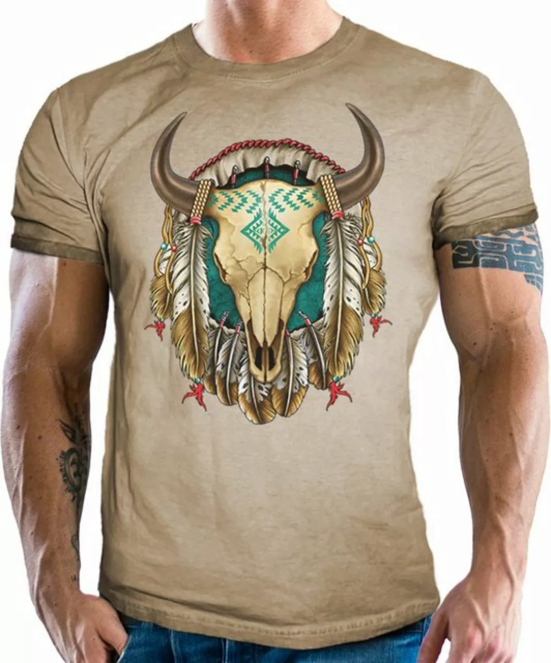 LOBO NEGRO® T-Shirt im Vintage Retro Used Look für Western Fans: Bison Skul günstig online kaufen