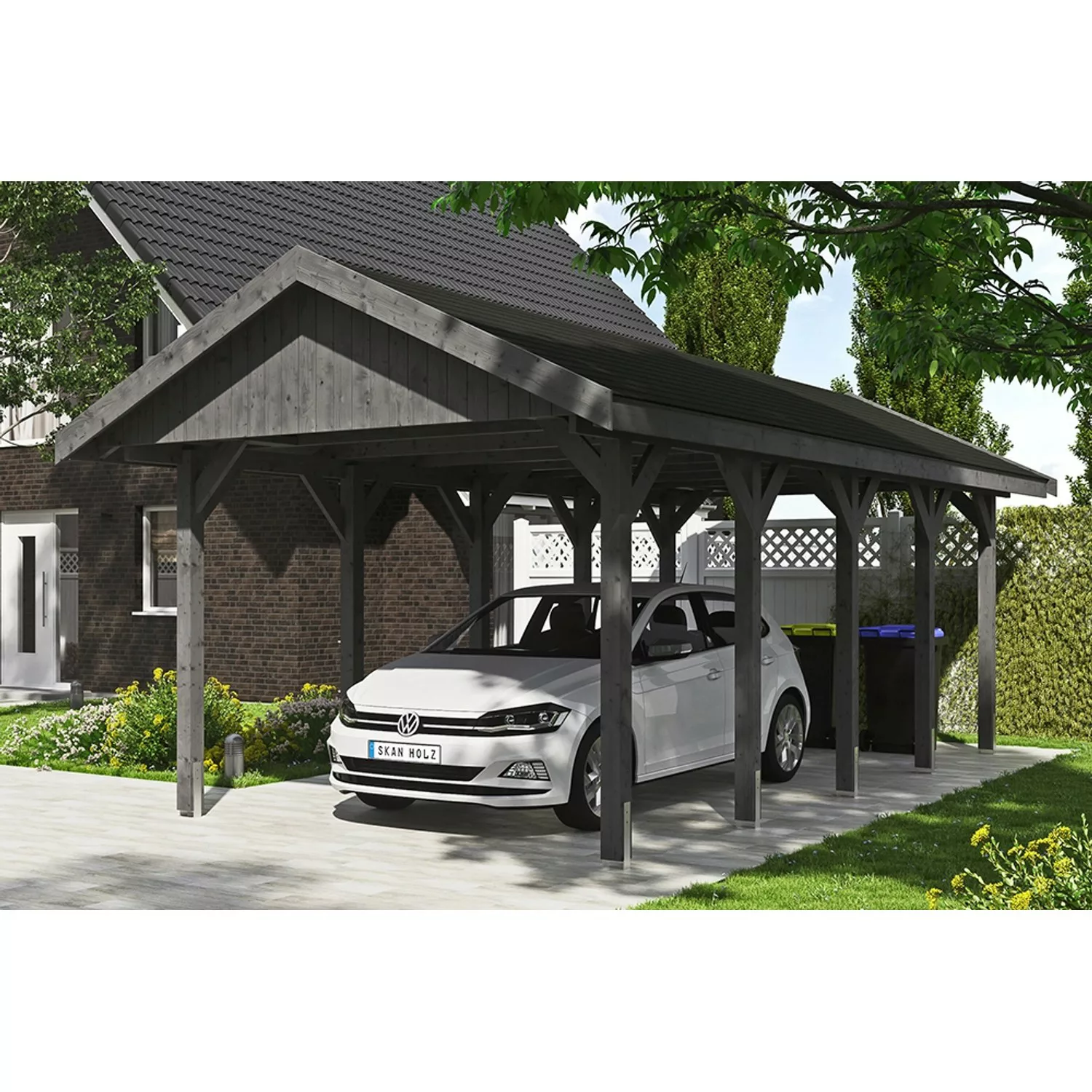 Satteldach-Carport Wallgau Schiefergrau 380 x 750 cm schwarze Schindeln günstig online kaufen