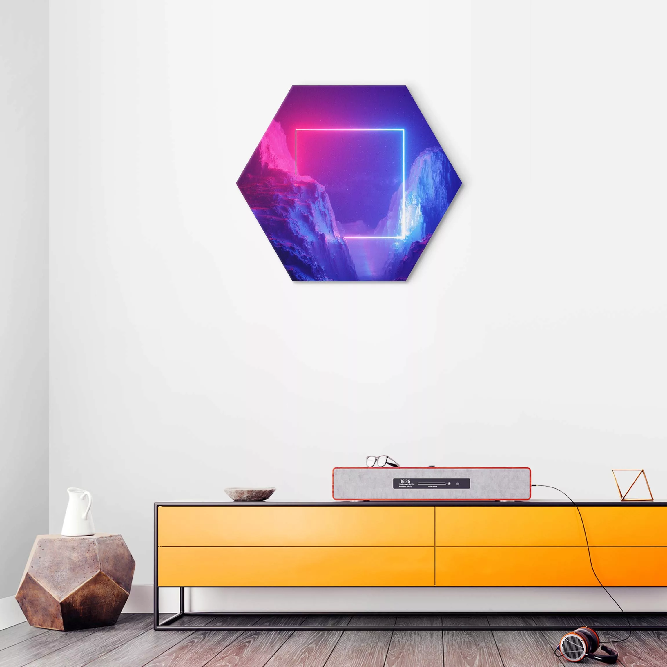 Hexagon-Alu-Dibond Bild Quadratisches Neonlicht günstig online kaufen